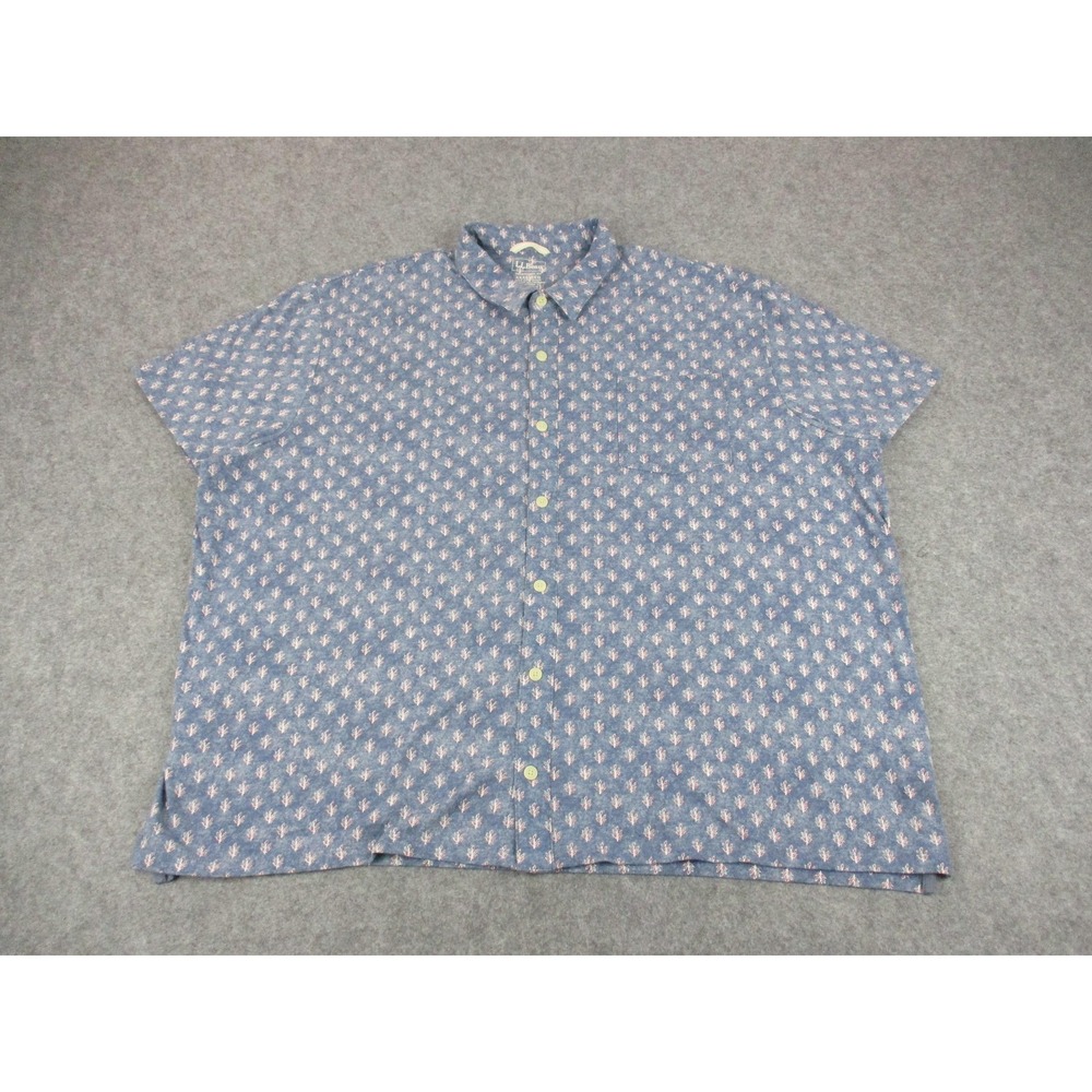 LL Bean Mens 3XL Blue Red Floral Button Up Short Sleeve Stretch Shirt